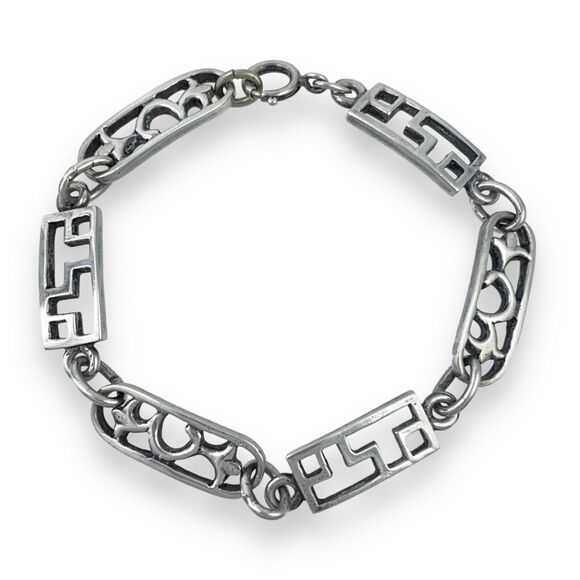 Vintage Sterling Silver 925 Cutout Pattern Link Bracelet 7.75" - Picture 1 of 8